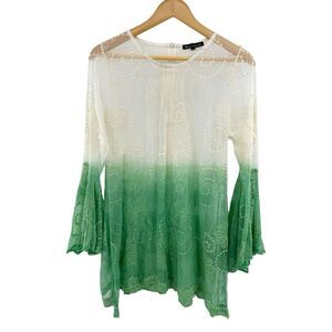 Women's Lace Sheer Zip Pullover Top Size Medium Bell Sleeves Whimsical Fairy